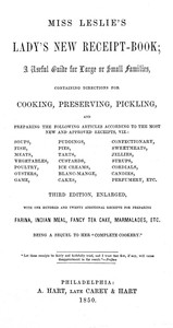 Miss Leslie's Lady's New Receipt-Book, 3rd ed.
A Useful Guide for Large or Small Families, Containing Directions for Cooking, Preserving, Pickling...